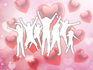 White silhouetted figures jumping and dancing in front of a pink background with floating red hearts