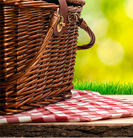 Basket on a red and white gingham picnic blanket