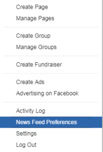 Facebook menu with News Feed Preferences highlighted