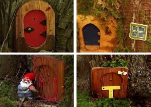 A collage of photos of gnomes hiding in the Morell Sanctuary Yew Loop trail