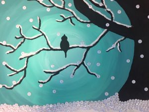 Painting of a bird in silhouette sitting on a snowy tree branch in front of a turquoise background. Snowflakes are small white sequins.