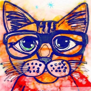 Painting of an orange cat wearing thick glasses