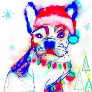 Painting of a dog wearing a Santa hat and red and green Christmas lights
