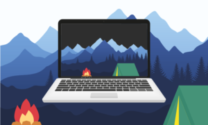 A laptop displaying a campsite in the mountains
