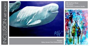 The INCLUSION Art Show rack card with an image of belugas and a standing woman