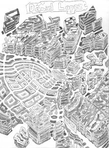 A pencil drawing of a city as seen from above.