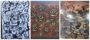 Three pieces of Ricky's work - a black and white drawing of many caricatured faces, a painting of red flowers blooming, and a nightmarish landscape with flames, demons, and dark castles.