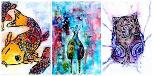 Three paintings from Alternatives: a koi fish, a standing woman, and a cat wearing headphones.
