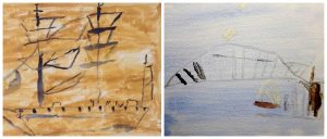 Two paintings by Steven: a ship and a bridge rendered in simple black lines on painted canvases.