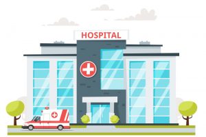 Hospital building with ambulance car