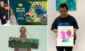 Collage of artists and guests posing with artwork