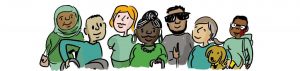 Cartoon graphic of a group of people