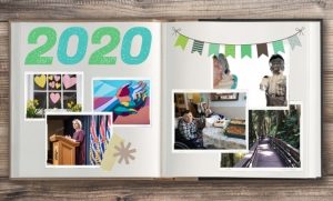 An open scrapbook with images from our 2020 blog posts