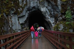 A family walking towards a tunnel on a bridge