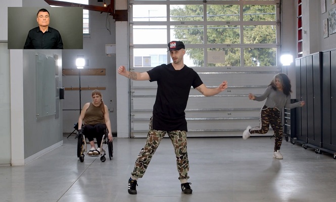 Three hip hop dancers - a woman in a wheelchair, an able-bodied man, and a young woman with a developmental disability - practice a move.