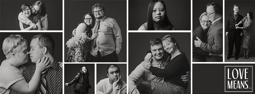 A collage of black and white images of individuals and couples with Down Syndrome smiling and embracing.