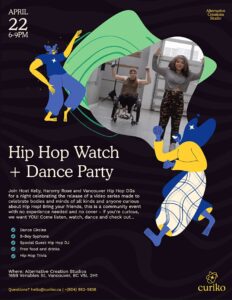 Poster featuring two dancers. April 22nd, 6 to 9 pm. Hosted by Curiko.