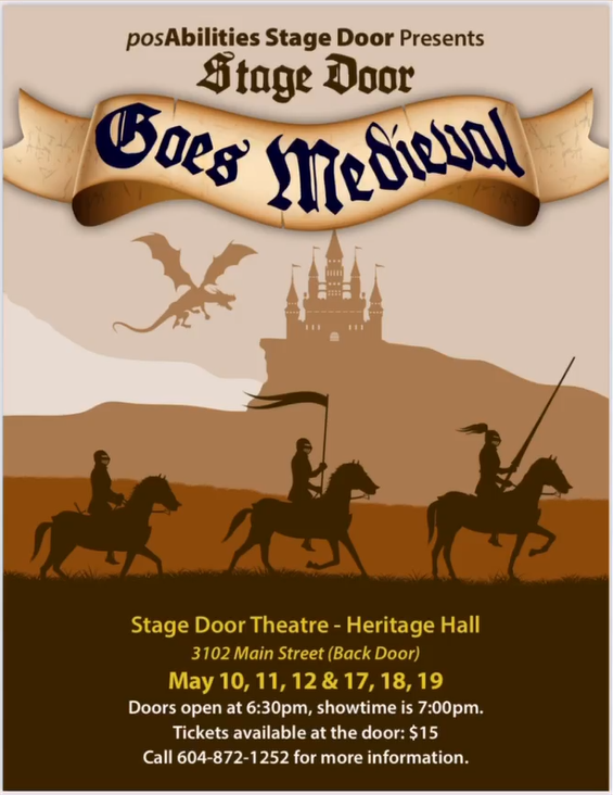 Stage Door Goes Medieval poster. Illustrated silhouette of three knights on horseback riding past a distant castle, with a dragon flying in the air above.