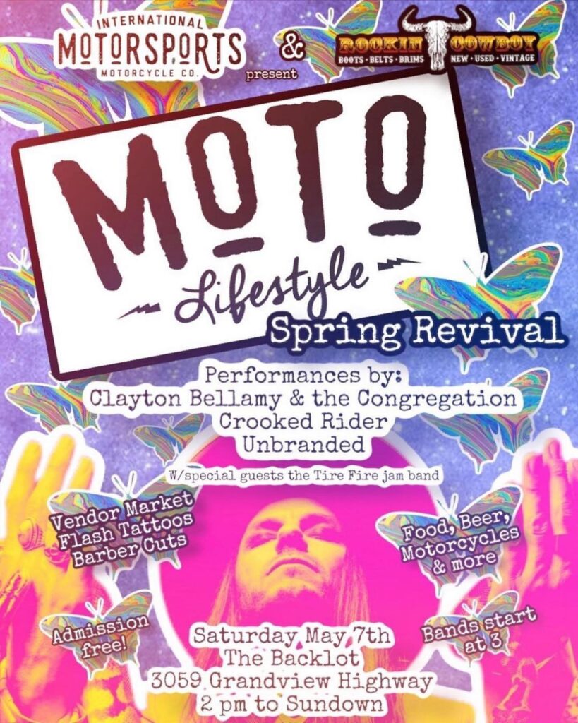 Moto Lifestyle Spring Revival Poster - Food, beer, motorcycles, and more. Saturday, May 7th. The Backlot. 3059 Grandview Highway. 2pm to Sundown.