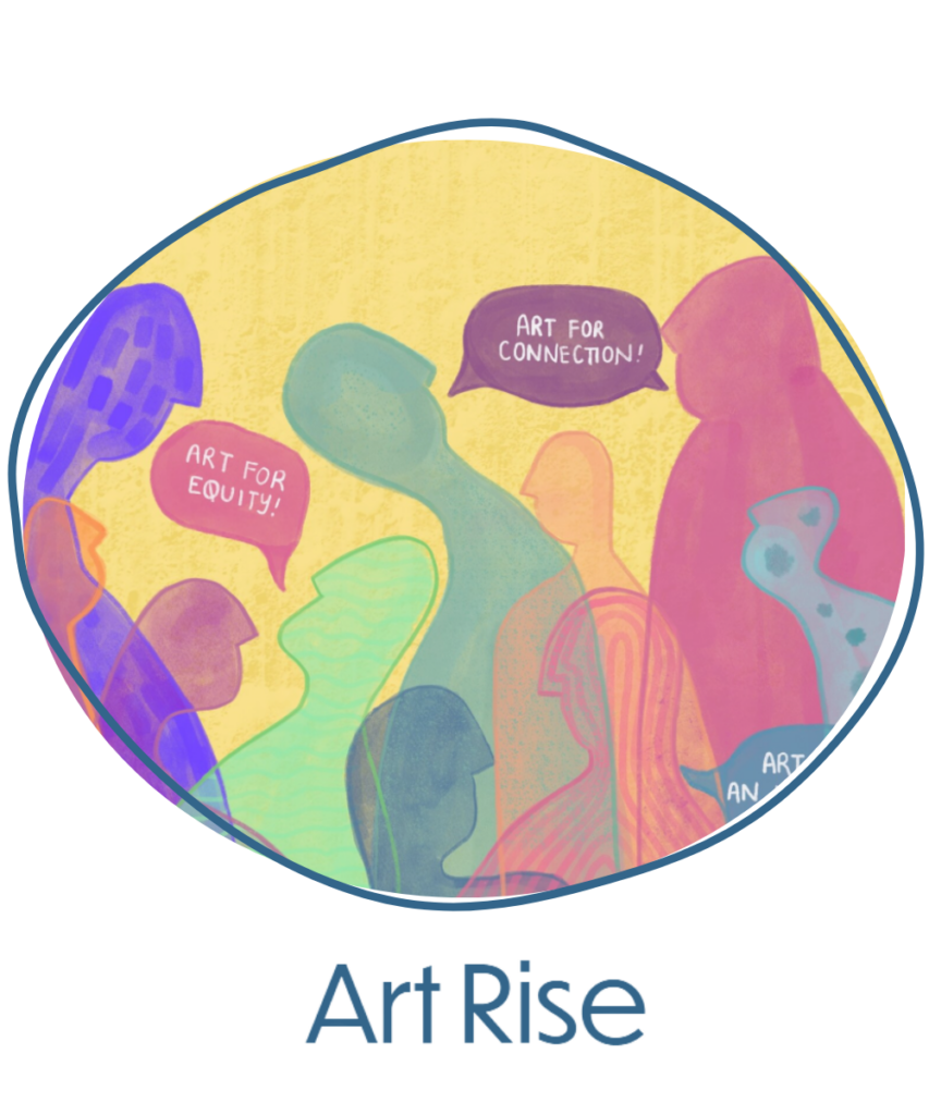 Illustration of colourful silhouettes of people, with speech bubbles that say, "Art for equity!" and "Art for connection!"