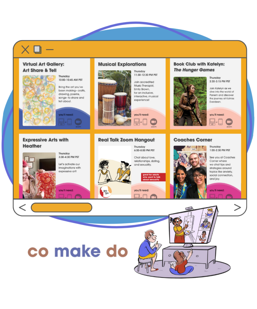 Screenshot of the CoMakeDo website, featuring six different experiences including Book Club, Expressive Arts, and Musical Explorations.