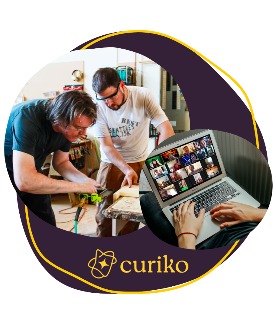 Curiko logo, a photo of an in-person woodworking experience, and an online Zoom experience.