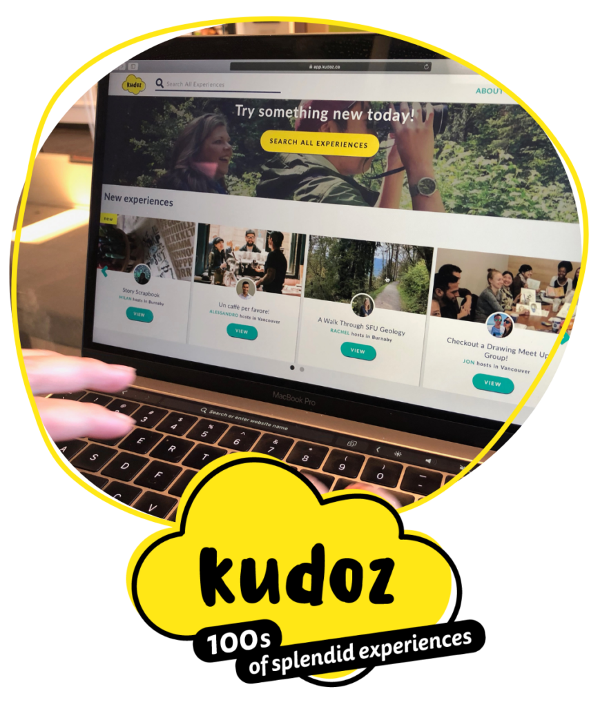 A laptop open to the Kudoz homepage, which features four different experiences.