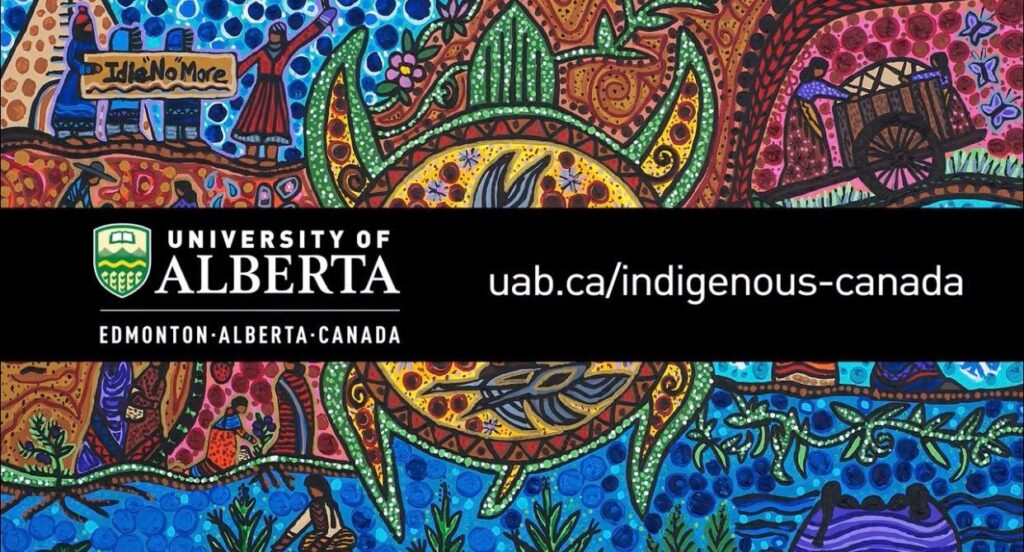 Indigenous illustration of a turtle's back, with many intricate details representing elements of nature. Banner reads University of Alberta - Indigenous History