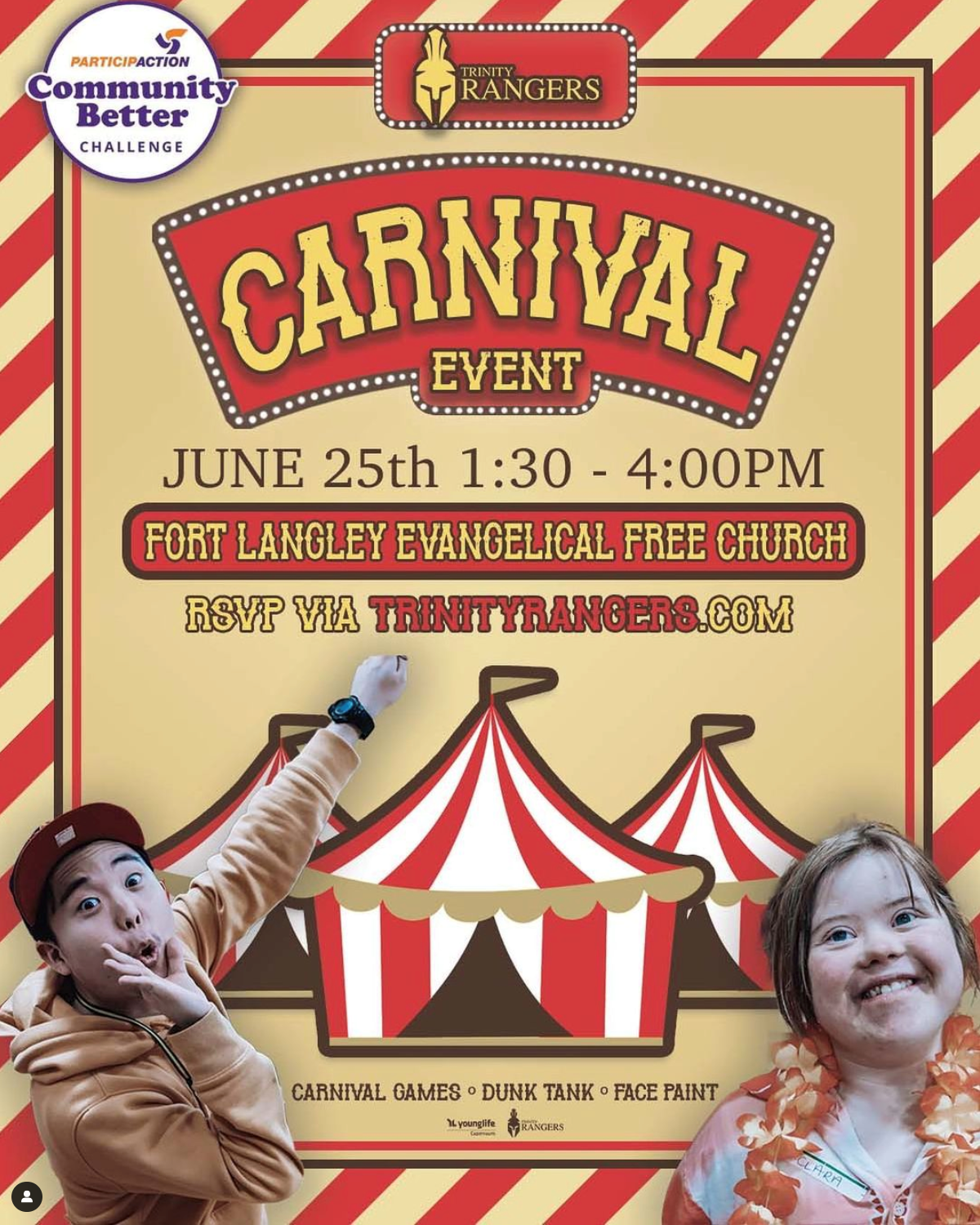 Trinity Rangers Carnival Event poster. Illustration of circus tents.