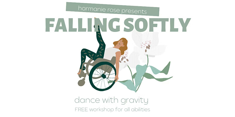 Illustration of a woman in a wheelchair gracefully tilting back with one leg up in the air, falling back against two large, white flowers.