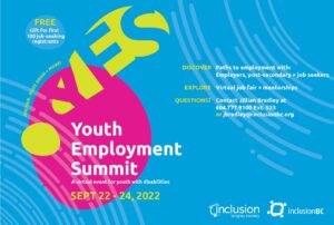 Youth Employment Summit flyer. September 22 to 24, 2022. Discover paths to employment with employers, post-secondary, and job seekers. Explore virtual job fair and mentorships. Questions? Contact Jillian Bradley at 604.777.9100 ext. 533 or JBradley@InclusionBC.org