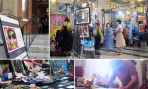 Collage of images - the front door of Heritage Hall with an Inclusion Art Show sign in front, guests looking at paintings, a table of glasswork pieces, and an artist giving a live painting demonstration.