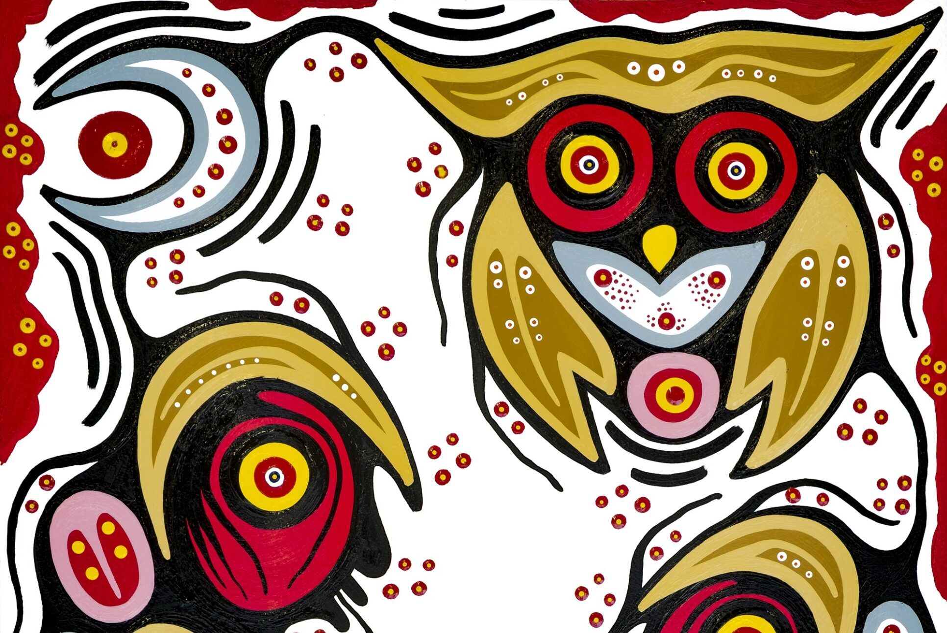 Woodland style painting of two stylized figures outlined in black facing each other. They have red skin with bodies composed of yellow, blue, and pink outlined shapes. A black line connects their mouths. Above is a blue moon and owl. The background has red dots and a red border.